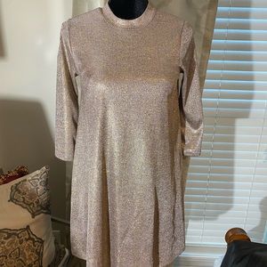 Tan and gold dress with three quarter sleeves. Size M